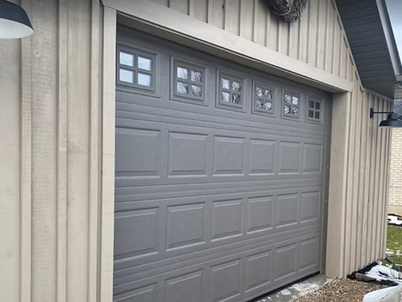 a garage door with windows