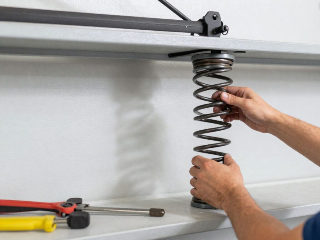 Broken Garage Door Spring Repair in Centre Wellington: What You Need to Know 3 Technician replacing a garage door torsion spring.
