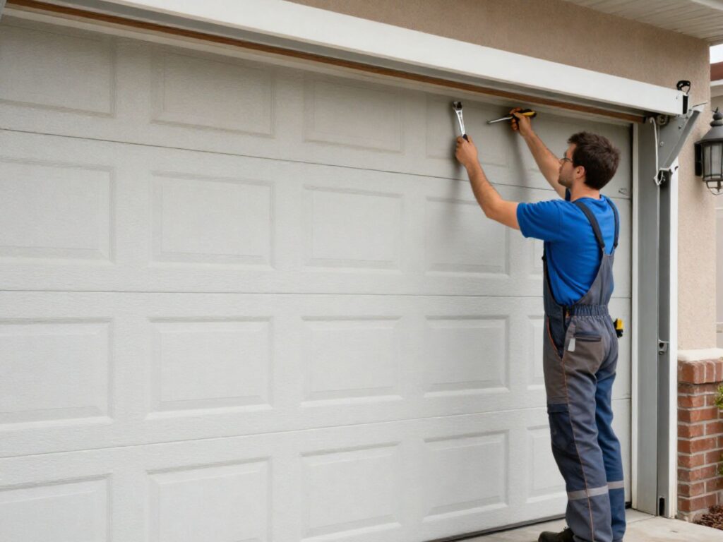 Garage Door Repair Near Elora, ON: What to Do When Your Door Won't Open This Spring 4 Garage door technician adjusting hardware during a repair.