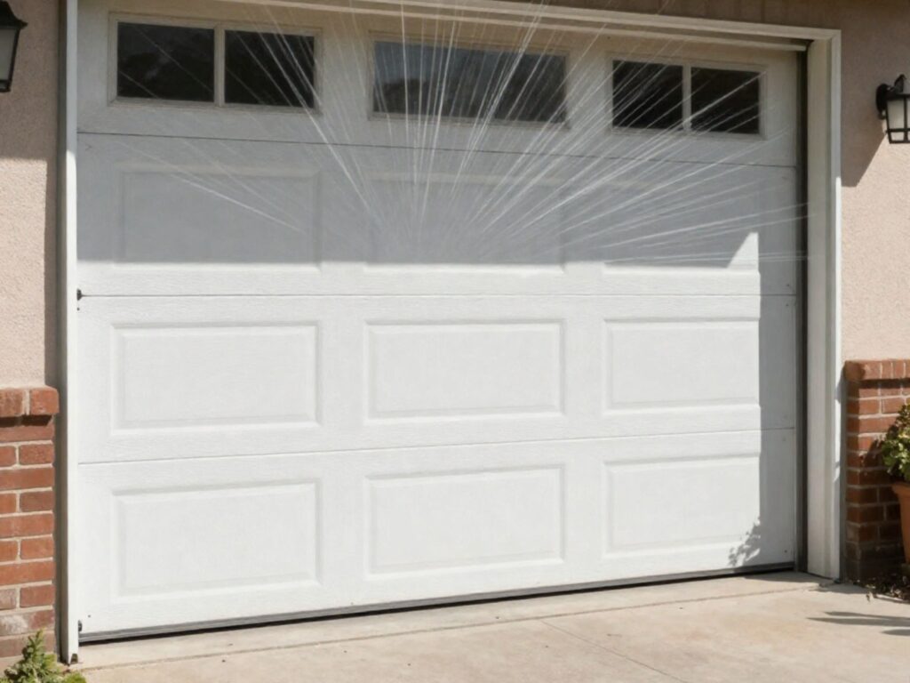 Sunlight reflecting brightly across a closed garage door.