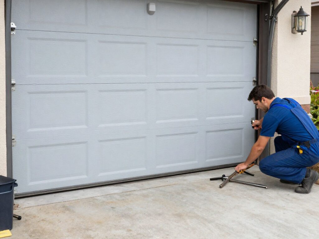 Off-Track Garage Door Repair: Why It Happens in Ontario Winters and What It Costs 2 Technician inspecting a garage door near the bottom track.