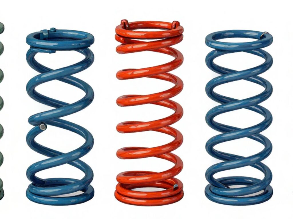 Different colored coil springs displayed in a row.